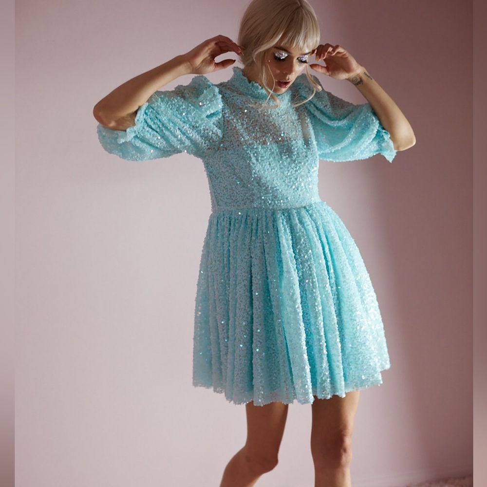 Rare Light Blue Sequin Selkie Puff sleeve dress